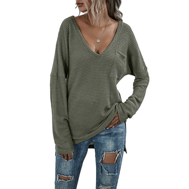 Fashion Women V-Neck Autumn Long Sleeve Knitted Sweater Loose Blouse Knitwear 